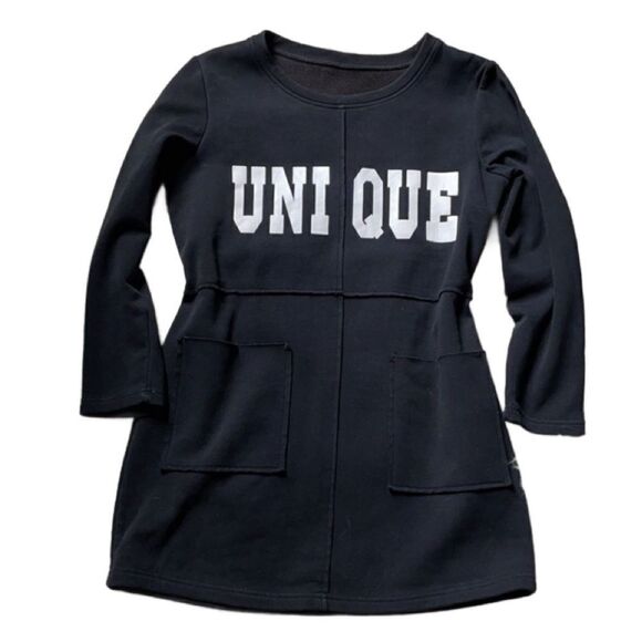 Black Fleece Lined “Unique” Pullover LONG Sweatshirt w/Pockets (Size: Small) - Picture 1 of 12